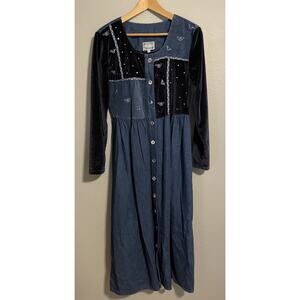 Vintage Monique Fashions Womens Maxi Dress Size 8 Blue Velvet Sleeves Button Up